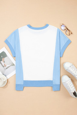 Sky Blue Colorblock Exposed Seam Patchwork Crew Neck T Shirt