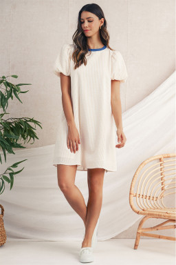 Beige Striped Print Puff Sleeve Textured Mini Dress