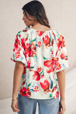 White Abstract Floral Print Puff Sleeve Blouse