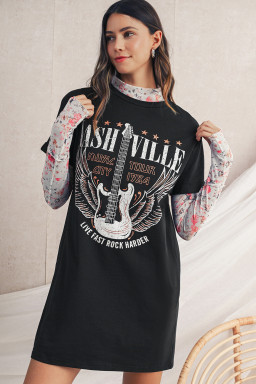 Black Nashville Guitar Print Mini T-Shirt Dress