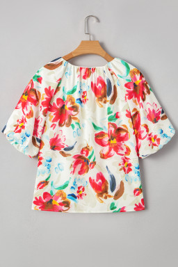 White Abstract Floral Print Puff Sleeve Blouse