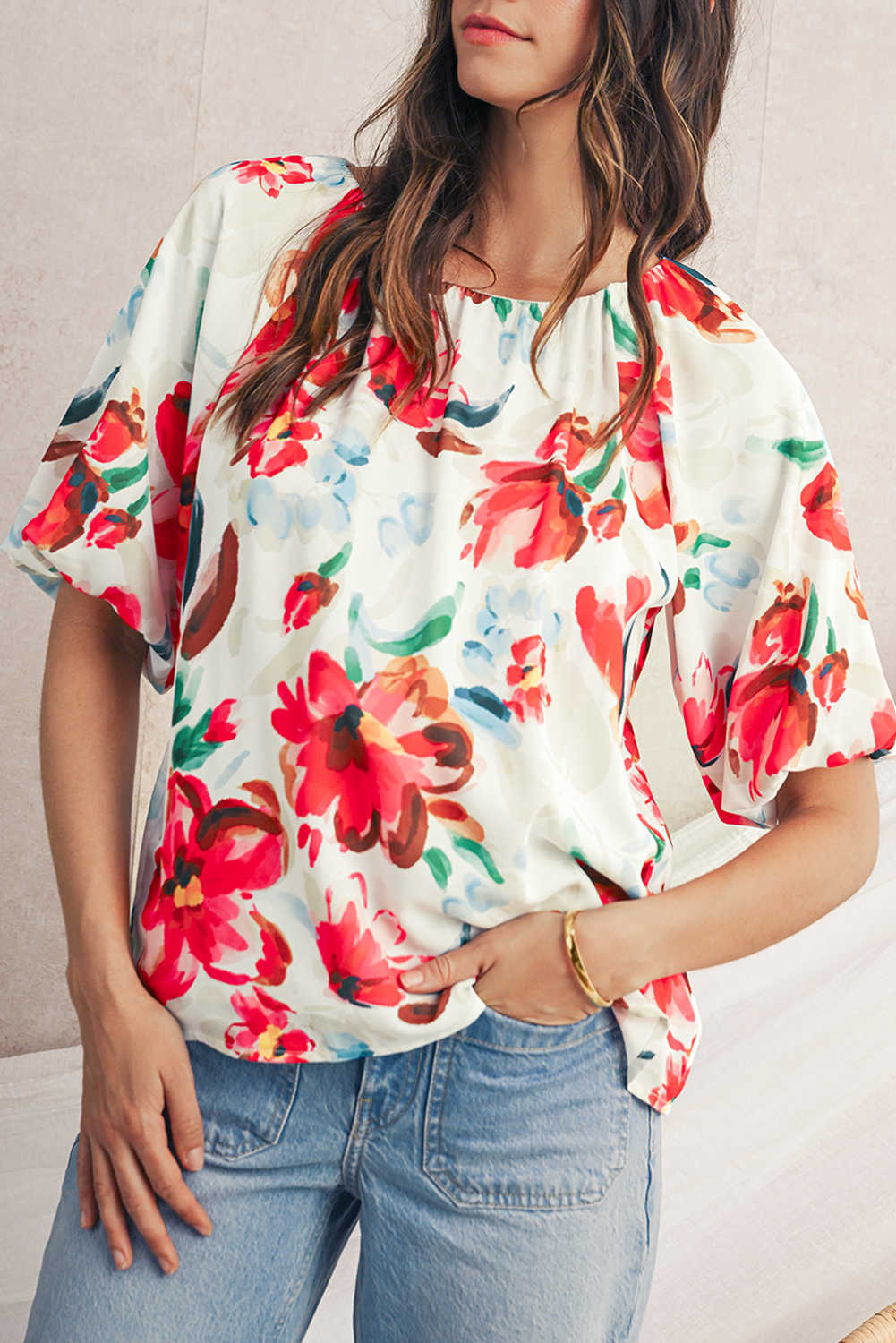 White Abstract Floral Print Puff Sleeve Blouse