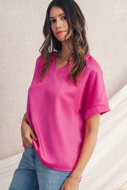 Bright Pink Plain V-Neck Dolman Sleeve Loose Top