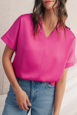 Bright Pink Plain V-Neck Dolman Sleeve Loose Top