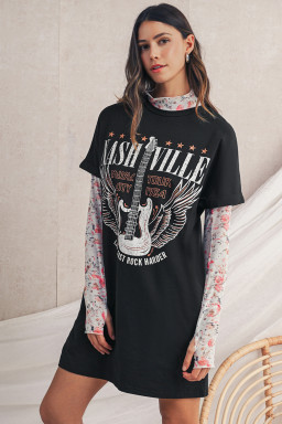 Black Nashville Guitar Print Mini T-Shirt Dress