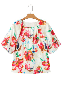 White Abstract Floral Print Puff Sleeve Blouse