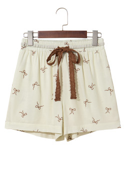 White Bow Pattern Lace Tie Elastic Waist Shorts