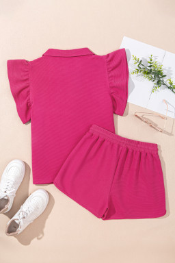 Strawberry Pink Flutter Sleeve Pop of Color Neckline Top and Shorts Set