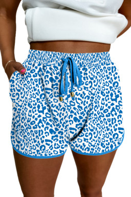 Blue Leopard Elastic Waist Lace up Contrast Trim Casual Shorts