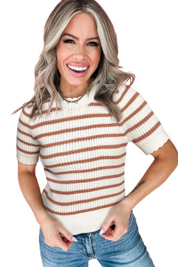 Khaki Striped Scalloped Edge Short Sleeve Knit Top