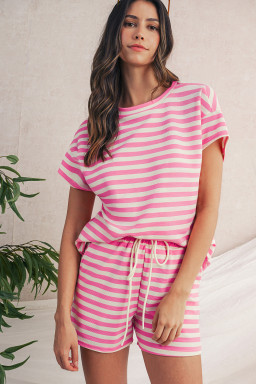 Rose Stripe Crew Neck T Shirt and Drawstring Shorts Set
