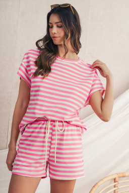 Rose Stripe Crew Neck T Shirt and Drawstring Shorts Set