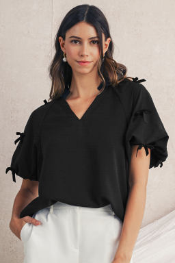 Black V Neck Bow Detail Puff Sleeve Blouse
