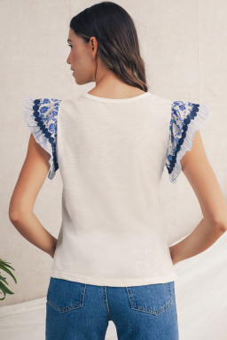 Blue Floral Striped Patchwork Flutter Sleeve Blouse