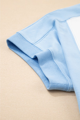 Sky Blue Colorblock Exposed Seam Patchwork Crew Neck T Shirt