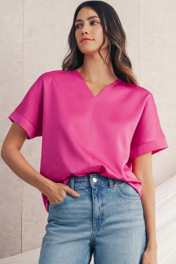 Bright Pink Plain V-Neck Dolman Sleeve Loose Top