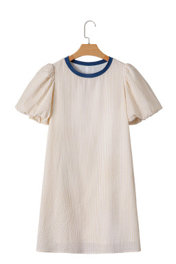 Beige Striped Print Puff Sleeve Textured Mini Dress