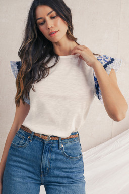 Blue Floral Striped Patchwork Flutter Sleeve Blouse