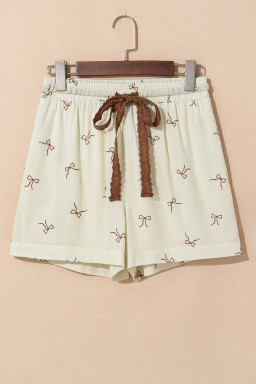 White Bow Pattern Lace Tie Elastic Waist Shorts