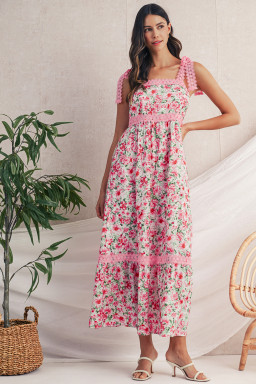 Pink Floral Lace Tied Strap Empire Waist Maxi Dress