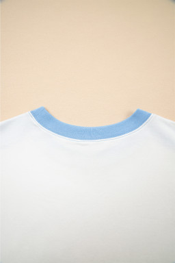 Sky Blue Colorblock Exposed Seam Patchwork Crew Neck T Shirt