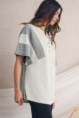 Light Grey Two Tone Contrast Waffle Knit Patched Buttoned V Neck Top