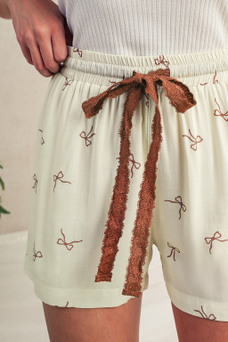 White Bow Pattern Lace Tie Elastic Waist Shorts