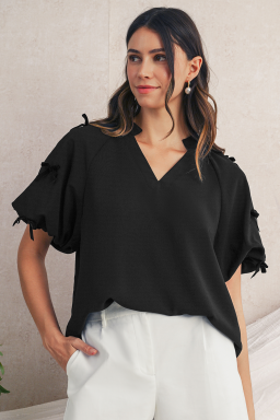 Black V Neck Bow Detail Puff Sleeve Blouse
