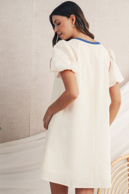 Beige Striped Print Puff Sleeve Textured Mini Dress