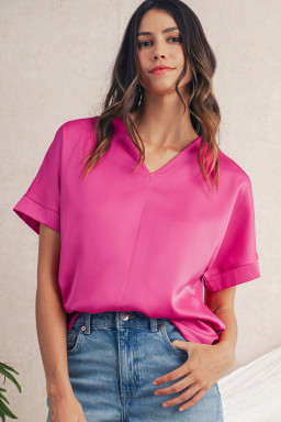 Bright Pink Plain V-Neck Dolman Sleeve Loose Top
