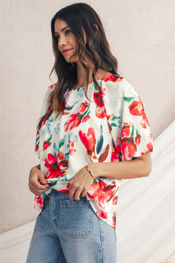White Abstract Floral Print Puff Sleeve Blouse