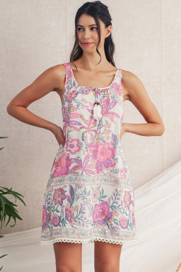 Multicolour Boho Floral Tassel Tie U Neck Mini Dress