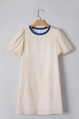 Beige Striped Print Puff Sleeve Textured Mini Dress