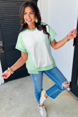 Light Green Colorblock Exposed Seam Patchwork Crew Neck T Shirt