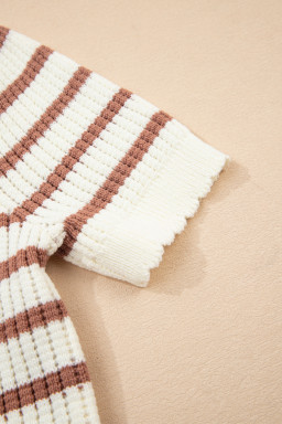 Khaki Striped Scalloped Edge Short Sleeve Knit Top