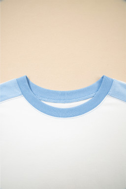 Sky Blue Colorblock Exposed Seam Patchwork Crew Neck T Shirt
