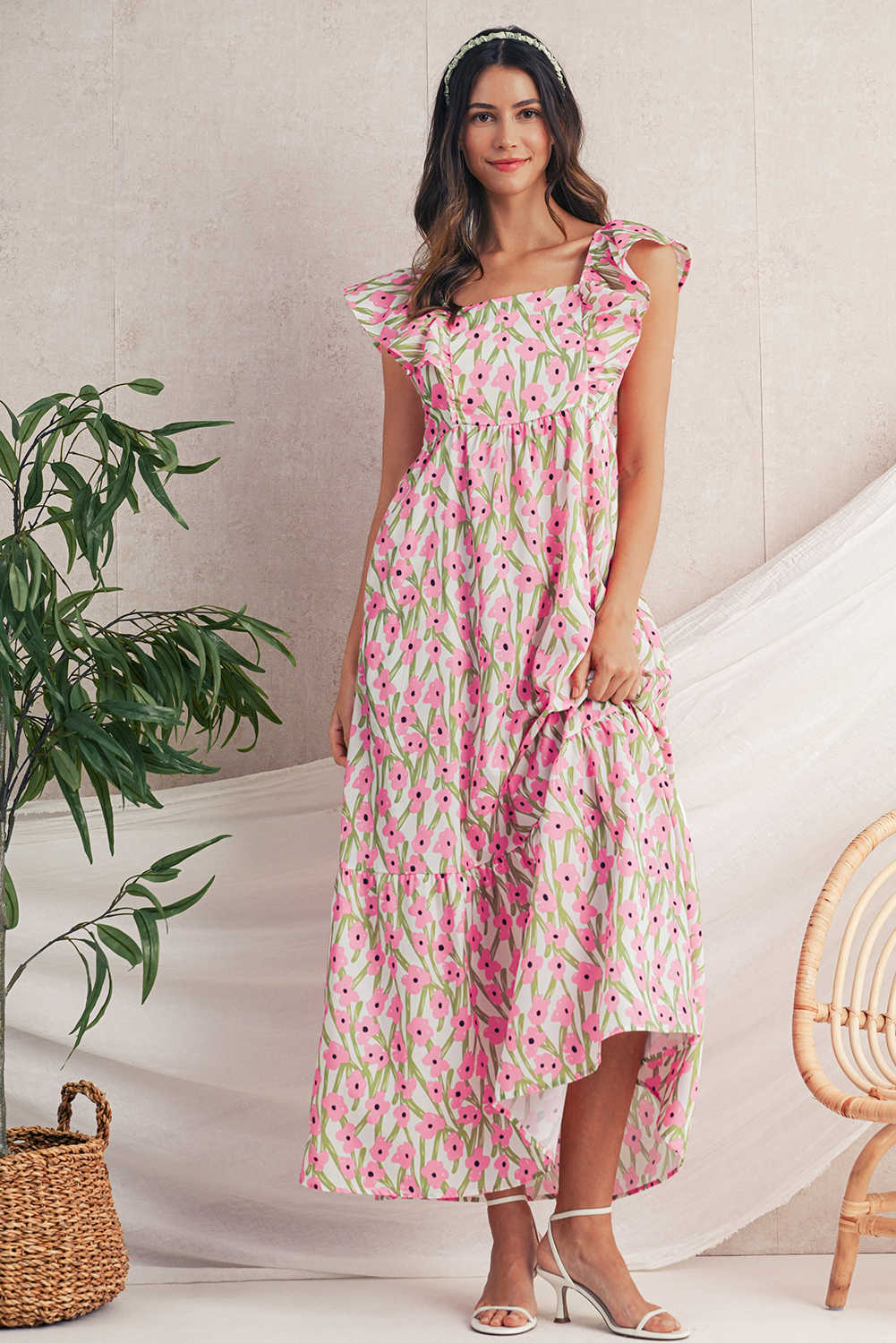 Pink Floral Print Square Neck Ruffled Strap Maxi Dress