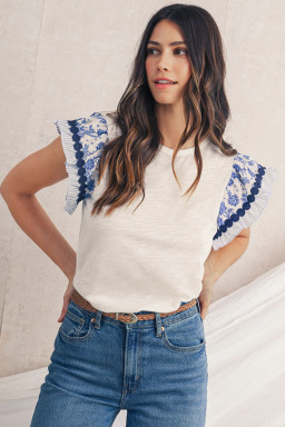 Blue Floral Striped Patchwork Flutter Sleeve Blouse