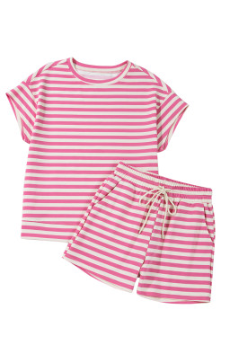 Rose Stripe Crew Neck T Shirt and Drawstring Shorts Set