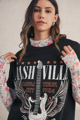 Black Nashville Guitar Print Mini T-Shirt Dress