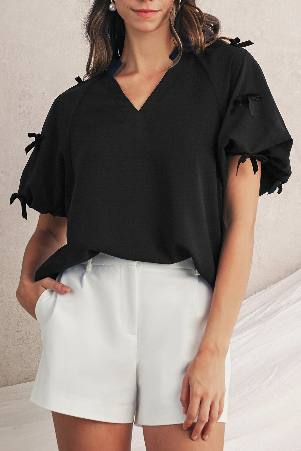 Black V Neck Bow Detail Puff Sleeve Blouse