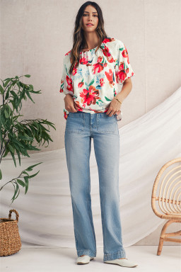 White Abstract Floral Print Puff Sleeve Blouse