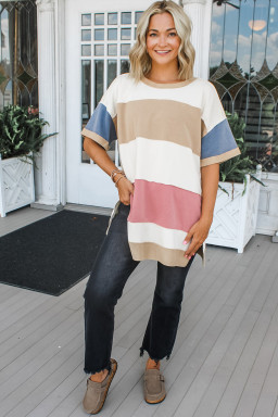 Multicolour Colorblock Patchwork Side Split Tunic T Shirt