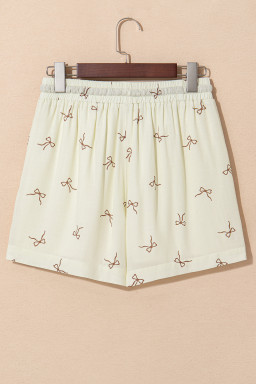 White Bow Pattern Lace Tie Elastic Waist Shorts