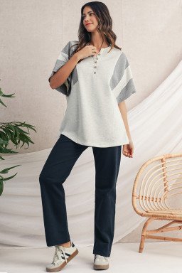Light Grey Two Tone Contrast Waffle Knit Patched Buttoned V Neck Top