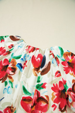 White Abstract Floral Print Puff Sleeve Blouse