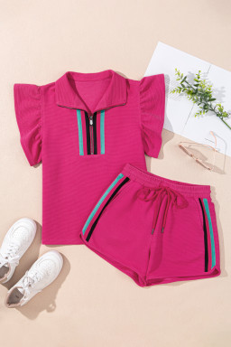 Strawberry Pink Flutter Sleeve Pop of Color Neckline Top and Shorts Set