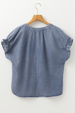 Dusk Blue V Neck Ruffled Short Puff Sleeve Denim Top