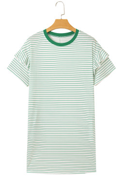 Green Stripe Ruffle Short Sleeve T Shirt Mini Dress