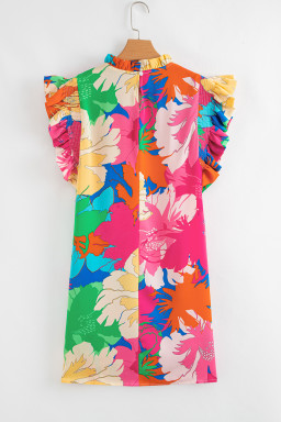 Pink Floral Print Flutter Sleeve Pockets Mini Dress